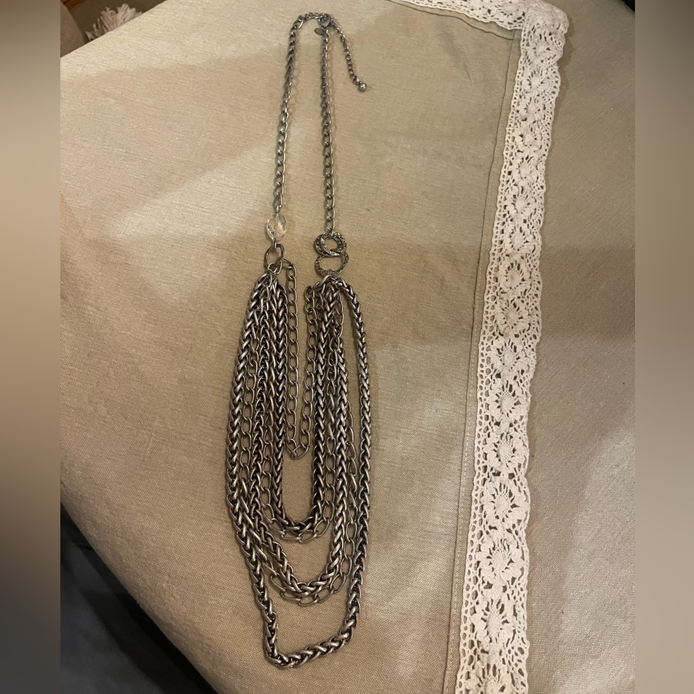 CHICO’S Long Layered Matte Silver Chains Necklace